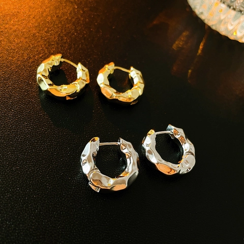 Orecchini A Cerchio Con Trama Martellata Irregolare Gioielli In Rame Placcato Oro Argento Con Silver Earring Post Stile Minimalista