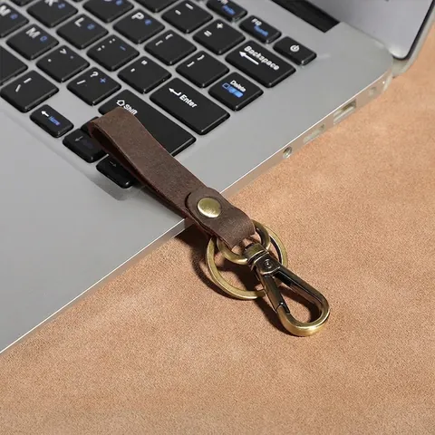 Retro Echt Lederen Sleutelhanger Autosleutel Vintage Brons Metalen Haak Sleutelring Voor Mannen En Vrouwen