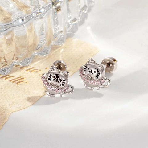 Cat In Teacup Ear Cartilage Stud Titanium Steel Copper Pink Zircon Micro Inlaid Cute Helix Piercing Jewelry For Women