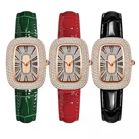 Orologio Lusso Quarzo Donna Lunetta Strass Quadrante Ovale Cinturino Pelle Coccodrillo Numeri Romani Elegante