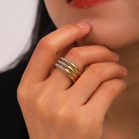Anello In Acciaio Inossidabile A Triplo Strato Placcato Oro 18K Con Zirconi Gioielli Stile Ins Per Donne