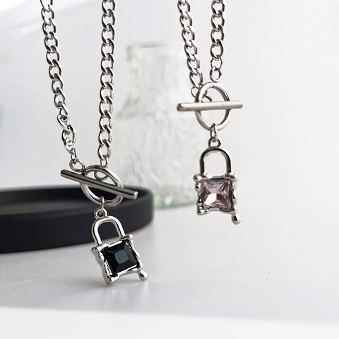 Slot Hanger Halsketting Titanium Roestvrij Staal Cubaanse Ketting Vierkant Kristal Knebelsluiting Hip Hop Sieraden Uniseks