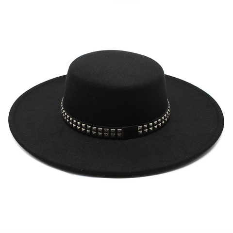 Boater Hat Flat Top Wide Brim Double Row Square Metal Rivet Band Punk Fashion Felt For Women