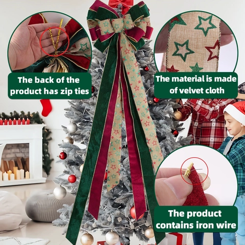 Grande Fiocco Per Puntale Albero Di Natale Velluto Tela Di Sacco Motivo A Stelle Merry Christmas Decorazione