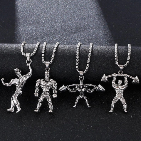Collana Pendente Uomo Muscoloso Sollevamento Pesi Acciaio Inossidabile Lega Fitness Bodybuilding Hip Hop Gioielli Per Uomo