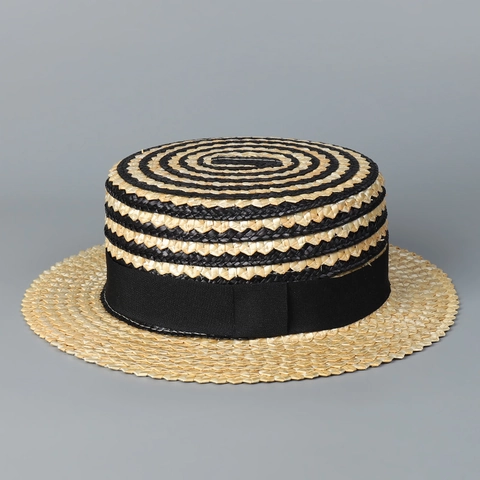 Cappello Boater Donna Paglia Di Grano Traspirante Protezione Solare Estate Spiaggia Retrò Rigato Contrasto Cappello