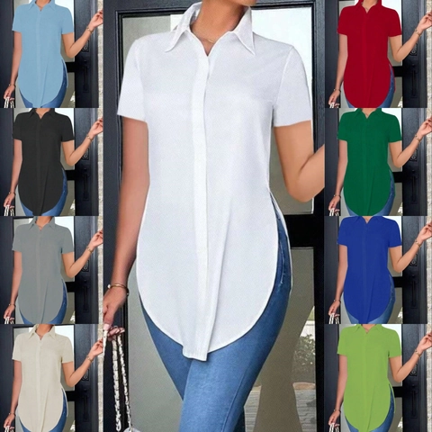 Women Blouse Shirt Polyester Short Sleeve Polo Collar Side Slit Curved Hem Button Up Casual Office Elegant Solid Color