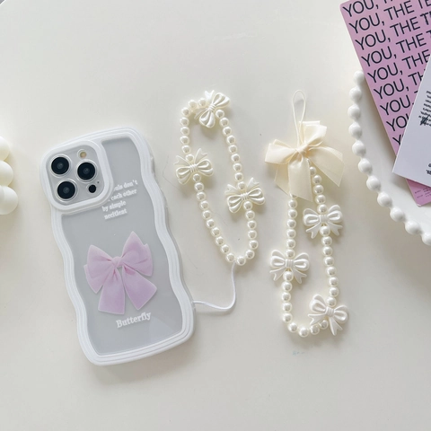 Ins Simple Artificial Pearl Beaded Phone Lanyard Sweet White Heart Butterfly Bow Crystal Bear Mobile Phone Chain Anti-lost Strap