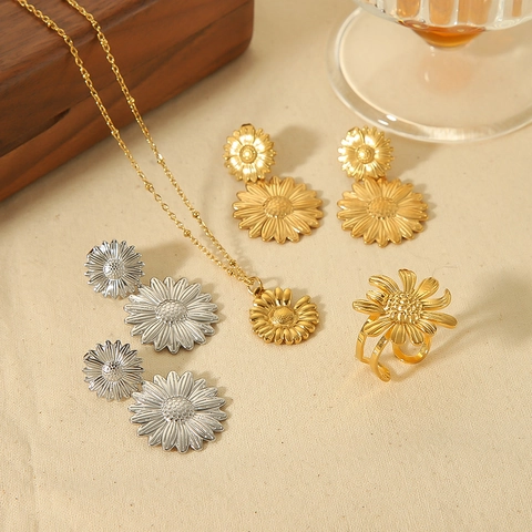 Sunflower Daisy Jewelry Necklace Earrings Ring Stainless Steel Gold Plated Elegant Floral Fashion Women Gift
