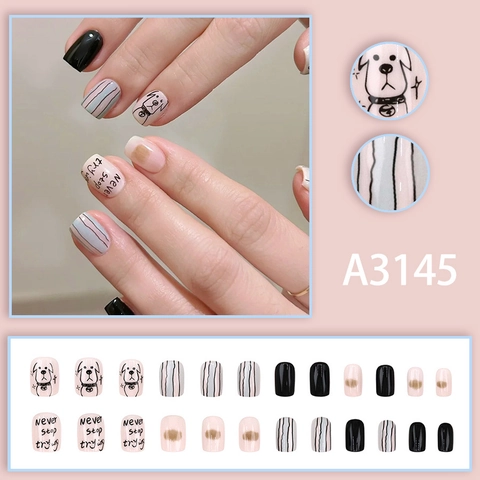 Press On Nails Short Cute Cartoon Dog Pattern Never Stop Trying Lettering Square Round Artificial Fake Nail Tips