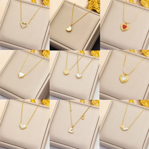 Heart Pendant Necklace Titanium Steel Mother Of Artificial Pearl Shell Inlaid Cubic Zirconia Non-Tarnish Minimalist Jewelry For Women