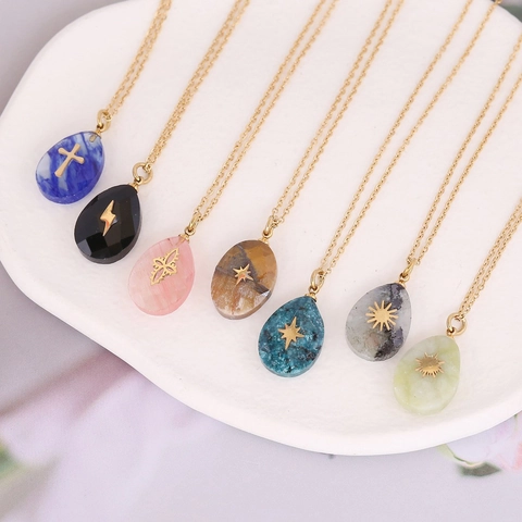 Collana Pendente Goccia Pietra Naturale Acciaio Inossidabile Placcato Oro Simboli Croce Stella Gioielli Donna