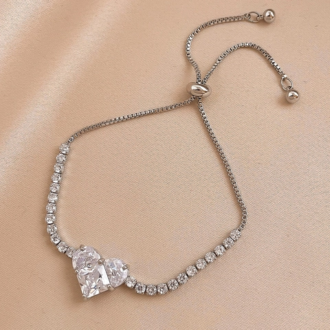 Heart Shaped Zircon Bracelet Copper Pave Adjustable Drawstring Elegant Fashion Jewelry For Women