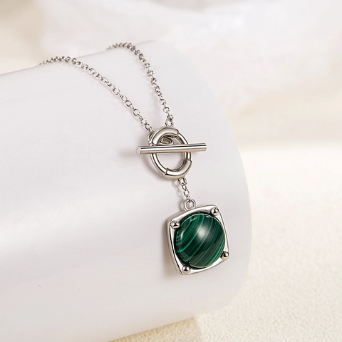 S925 Sterling Silver Natural Malachite Square Pendant Necklace Stud Earrings Set French Vintage Jewelry For Women Gift