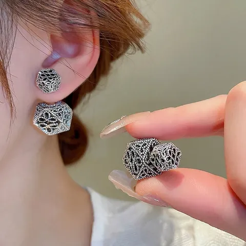 Vintage Hollow Flower Geometric Stud Earrings With 925 Sterling Silver Earring Post Two-Sided Wear Jewelry For Women