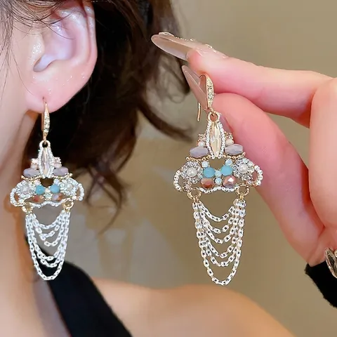 Orecchini Pendenti Con Nappa Stile Palazzo Vintage Per Donna Triangolo Geometrico Rame Zircone Cristallo Lungo Gioielli Boho