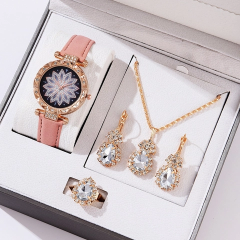 Women Watch Necklace Earrings Ring Jewelry Collection Elegant Rose Gold Floral Dial Rhinestone Heart Pendant Fashion Gift