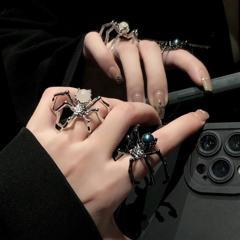 Gothic Spider Ring Zinc Alloy Faux Artificial Pearl Adjustable Open Dark Punk Style Animal Jewelry For Women Men