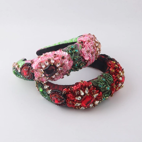 Diadema Acolchada Barroca Para Mujer Lujosa Elaboración Pesada Diamantes De Imitación Lentejuelas Bordado Floral Vintage