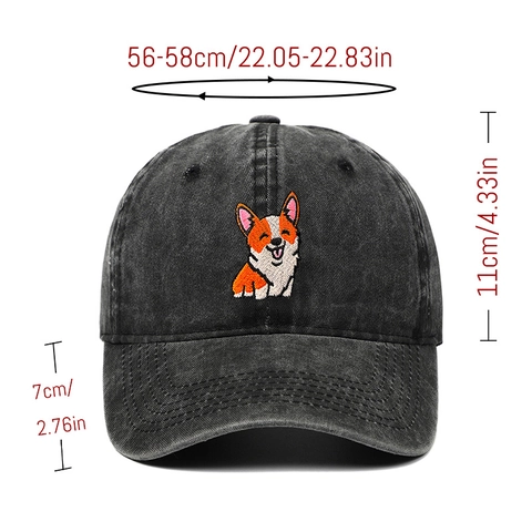 Casquette De Baseball Vintage Coton Lavé Broderie Chien Corgi Ajustable Unisexe Chapeau De Soleil Décontracté