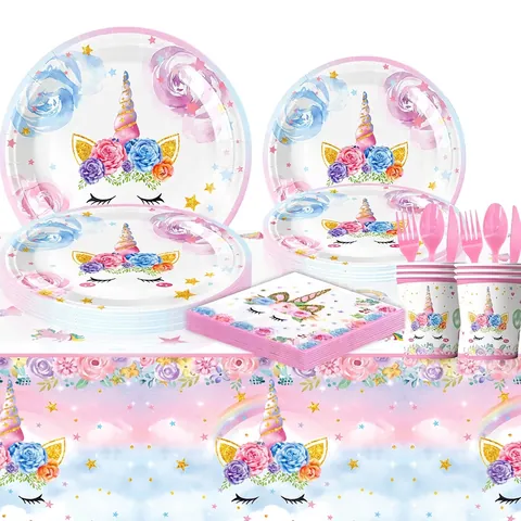 Stoviglie Usa E Getta Unicorno Piatti Di Carta Bicchieri Tovaglioli Posate Plastica Decorazioni Compleanno Bambini