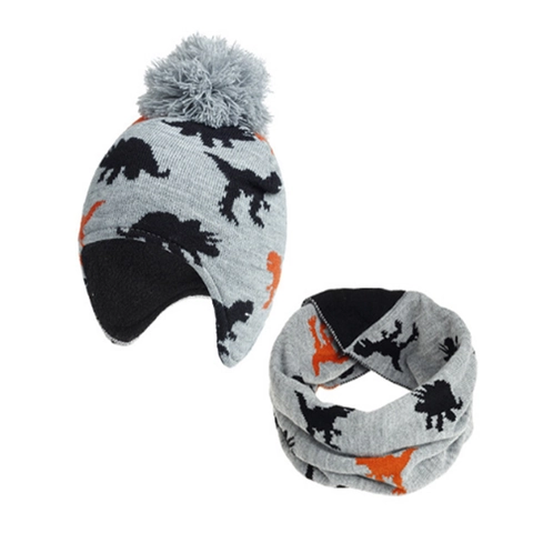 Dinosaur Pattern Knitted Hat And Neck Warmer Pom Pom Ear Protection Fleece Lined Winter Warmer For Toddler Kids Boys Girls
