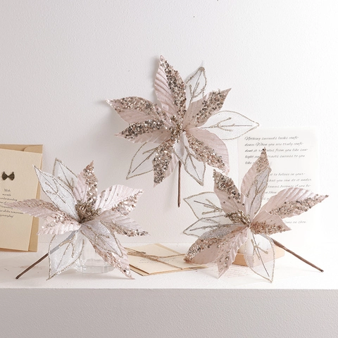 Artificial Christmas Poinsettia Flowers Glitter Mesh Floral Stems For Xmas Tree Ornaments Festive Home Decor