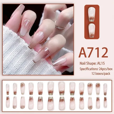 Long Coffin Press On Nails Milky White Gradient Gold Mirror Border Glossy False Nails With Glue