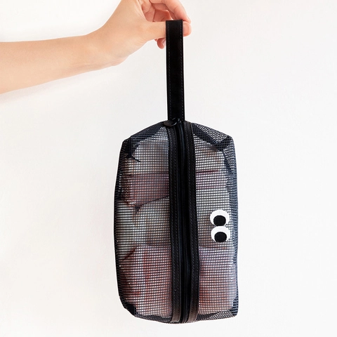 Cartoon Big Eyes Mesh Toiletry Bag PVC Waterproof Portable Travel Makeup Storage Pouch Zippered Stationery Organizer