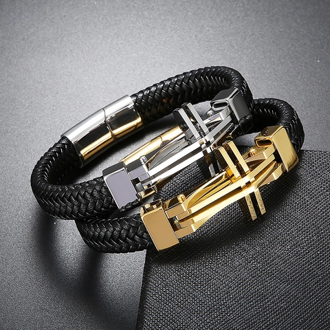 Bracciale In Pelle Intrecciata Da Uomo Con Croce In Acciaio Inossidabile Gioielli Punk