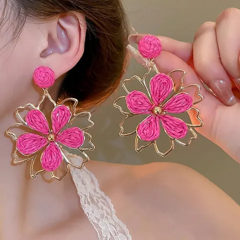 Hollow Flower Drop Earrings Raffia Woven Alloy Bohemian Vacation Summer Jewelry For Women With Silver Earring Post