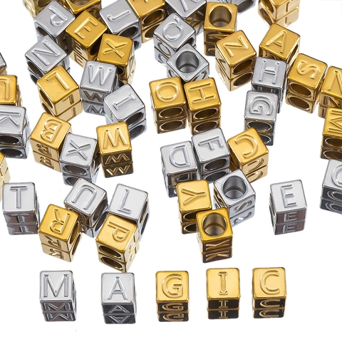 Square Letter Beads Stainless Steel Engraved Alphabet Charms Large Hole For DIY Jewelry Making Necklace Bracelet Accessory