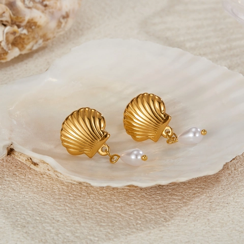 Französischer Vintage Edelstahl Muschel Perle Ohrhänger Für Damen Vergoldeter Eleganter Meer Muschel Kunstparel Schmuck