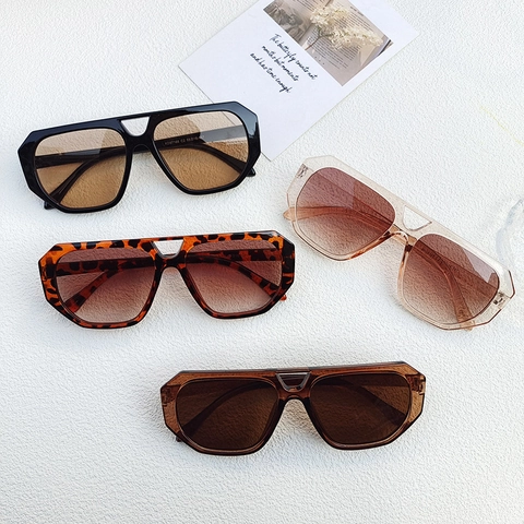 Lunettes De Soleil Carrées Surdimensionnées Vintage Rétro Double Pont Protection UV400 Monture Résine Verres PC Mode Femmes Hommes
