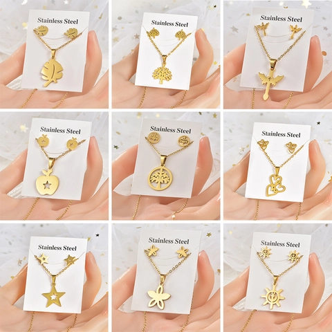 Gioielli In Acciaio Inossidabile Collana E Orecchini Placcato Oro Cuore Albero Della Vita Fiore Foglia Moda Per Donne