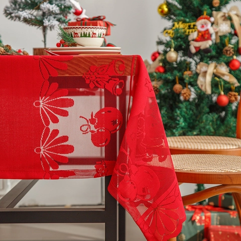 Mantel De Navidad Rojo Encaje Hueco Poliéster Patrón De Copo De Nieve Reno Decoración De Mesa De Comedor Festiva Estilo Americano