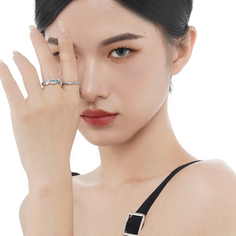 925 Sterling Silver Open Ring Irregular Texture Lava Style Light Blue Enamel Adjustable Ring For Women Liquid Metal Jewelry