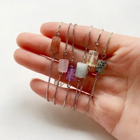 Natural Crystal Stone Tube Bead Adjustable Bracelet Minimalist Alloy Box Chain Bolo Jewelry For Women