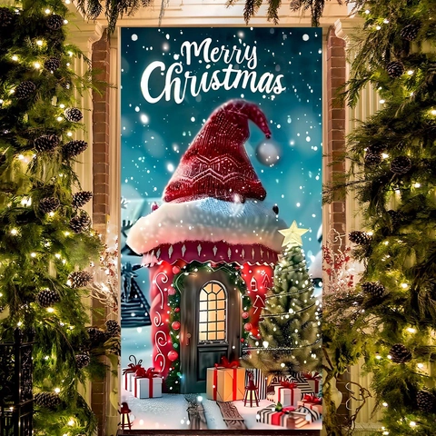 Weihnachts Tür Banner Polyester Hängend Hintergrund Frohe Weihnachten Schneebedecktes Haus Outdoor Garten Deko