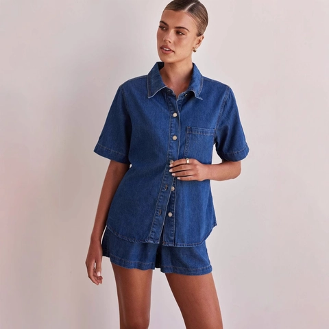 Damen Denim Kurzarm Hemd Und Shorts Mit Elastischem Bund Lässiges Vintage Baumwoll Outfit