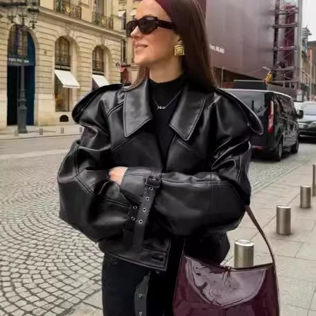 Women PU Faux Leather Biker Jacket Cropped Retro Oversized Moto Jacket With Belted Hem Lapel Collar Long Sleeve Chic