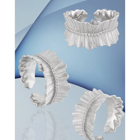925 Sterling Silver Ring For Women Pleated Ruffle Texture Zircon Inlaid Adjustable Open Band Niche Design Elegant Jewelry