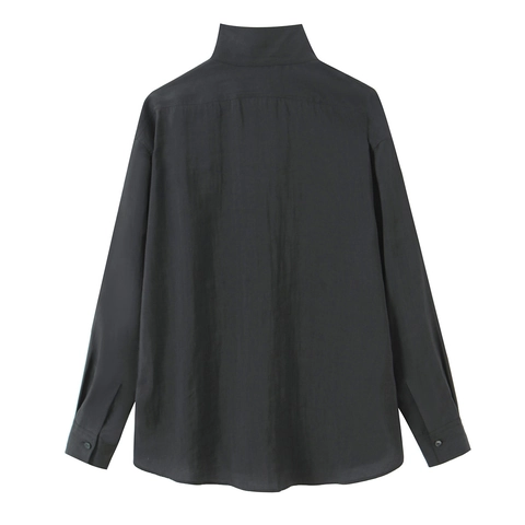 Camisa De Popelina Informal De Color Sólido Para Mujer Manga Larga Cuello Alzado Blusa Con Bolsillo Abotonada Poliéster Tops