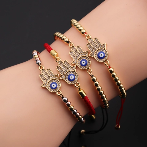 Hamsa Hand Evil Eye Armband Kupfer Zirkon Vergoldet Verstellbar Geflochtenes Seil Schmuck Für Frauen