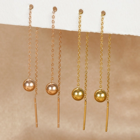 Pendientes De Cadena Larga Con Cuentas Redondas De Acero Inoxidable Joyería Minimalista Para Mujer