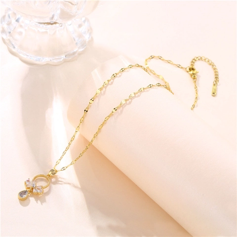 Bowknot Pendant Necklace Titanium Steel Brass Water Drop Teardrop Zircon Inlaid Lip Chain Jewelry For Women