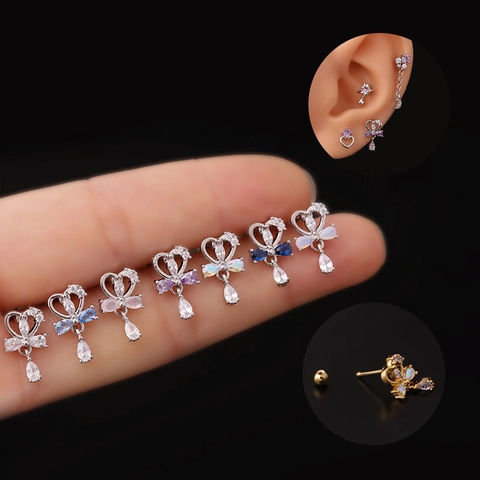 Pendientes De Cartílago De Circonia Con Corazón Lazo Flor Acero Inoxidable Cierre De Rosca Joyería De Moda Coreana