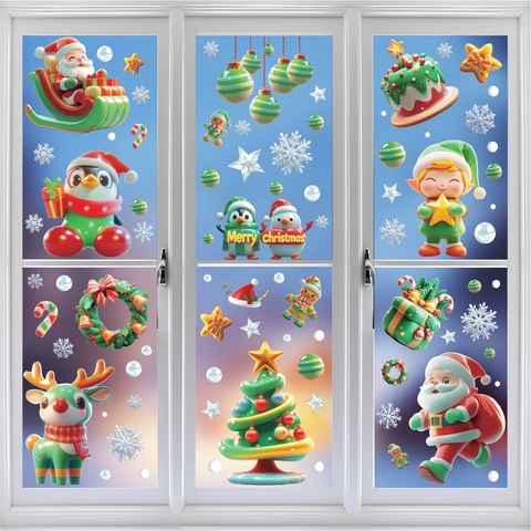 Christmas Window Clings PVC Static Stickers Double Sided Santa Reindeer Snowflakes Glass Door Decoration Holiday Decor