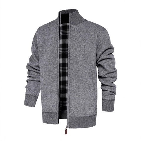 Herren Strickjacke Pullover Jacke Stehkragen Reißverschluss Langarm Kariertes Futter Warm Freizeit Oberbekleidung