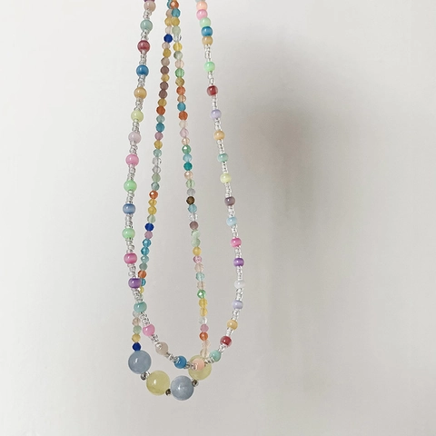 Summer Rainbow Beaded Necklace Colorful Cat Eye Stone Seed Bead Choker For Women Girls Handmade Fashion Jewelry Gift